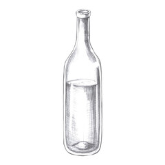 Wine bottle, hand drawn pencil sketch. Isolated illustration in realistic style for fish restaurant design, menu, textile, posters