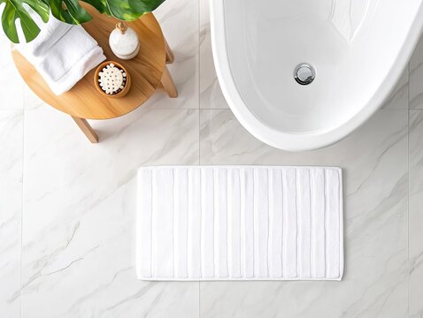 Soft white bath mat on marble floor, overhead view, minimalist bathroom decor, clean aesthetic