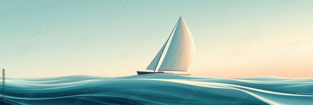 Poster the sailboat navigates tranquil waters, creating gentle ripples as the sun sets, casting a soft glow