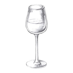 Glass of wine, hand drawn pencil drawing. Isolated illustration in realistic style for fish restaurant design, menu, textile, posters