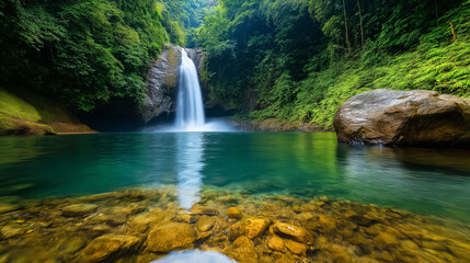 Fototapeta premium A peaceful waterfall flows into a quiet pool, embraced by rich, green foliage and gently reflecting the sky