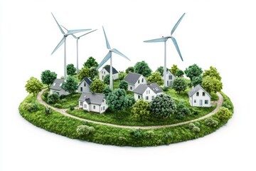 A model depicting a sustainable village landscape with wind turbines, eco-friendly houses, and lush greenery, emphasizing renewable energy and environmental harmony.