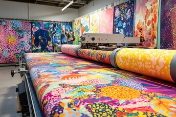 A vibrant digital fabric printing setup with colorful designs showcasing the intersection of creativity and textile technology.