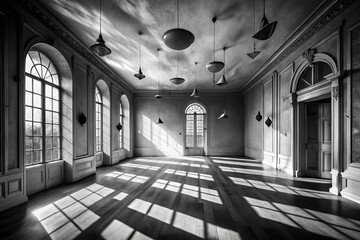 Fototapeta premium Surreal Black and White Empty Room with Mysterious Shadows and Abstract Elements