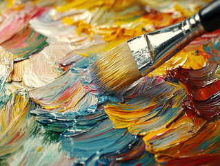 Close up of artists brush applying vibrant paint on textured canvas, showcasing beautiful blend of colors and artistic expression