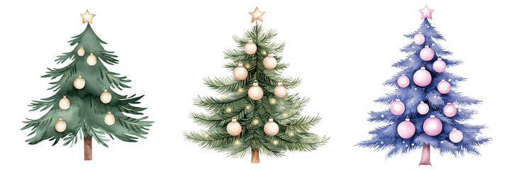 A festive display featuring Christmas trees in varying styles, adorned with ornaments and illuminated, watercolor, clipart, isolated on transparent background