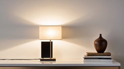 A modern, minimalist lamp illuminates a table with stacked books and a ceramic vase, casting warm light against a neutral wall, creating a cozy ambiance.
