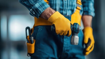 Worker holding a cordless impact driver, efficient construction tool, site in background
