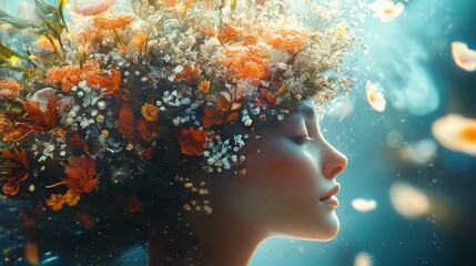 Abstract fantasy concept art illustration of imagined woman of nature with flowers on head 