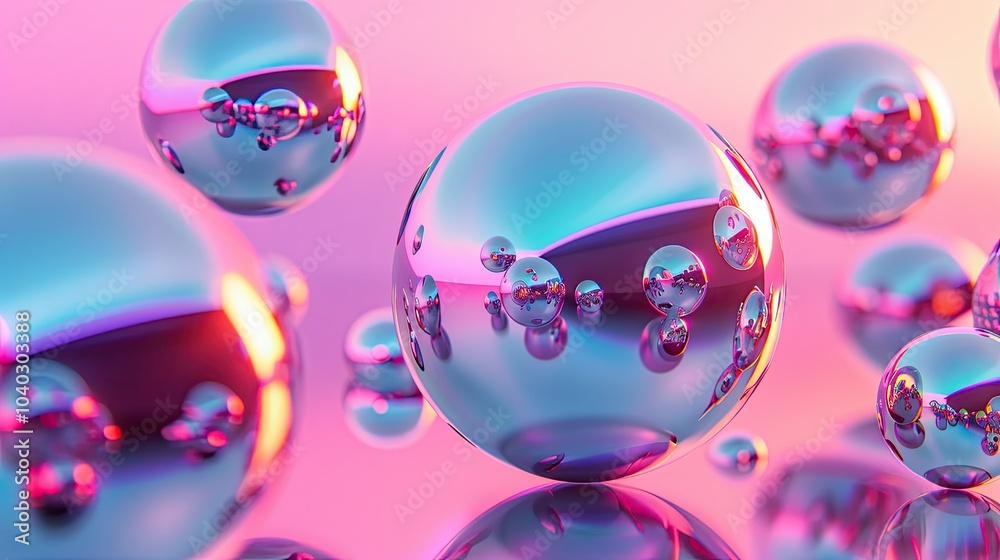 Poster 3D shiny smooth spheres floating against a gradient background