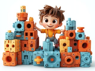 Obraz premium Playful Boy Surrounded by Colorful Blocks