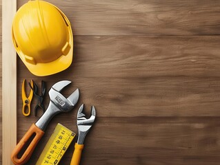 Measuring tools beside a wooden frame, carpenters equipment, construction tools at work