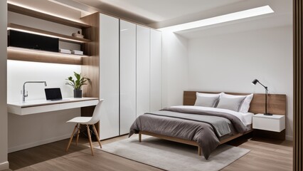 Fototapeta premium A modern bedroom with wooden elements features a cozy bed, sleek desk setup, built-in shelves, and natural light through large windows.