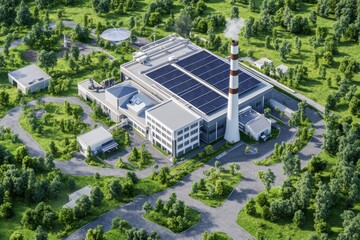 A modern energy facility surrounded by greenery, featuring solar panels and a prominent smokestack in a sustainable environment.