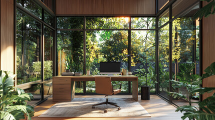 Obraz premium A modern office with a large window and a desk with a computer and a keyboard