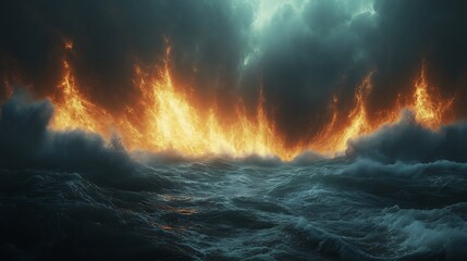 Fototapeta premium Preflood world described the Book of Enoch vast waters rising tides ancient humanity fleeing divine warnings in the sky intense dramatic scene
