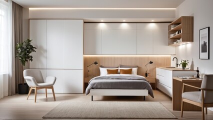 Fototapeta premium A modern bedroom with wooden elements features a cozy bed, sleek desk setup, built-in shelves, and natural light through large windows.