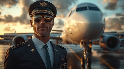 Pilot in Uniform with Airplane in Background