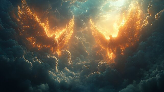 Imagery of fallen angels descending Earth from the Book of Enoch celestial beings with wings dramatic sky dark clouds ethereal light