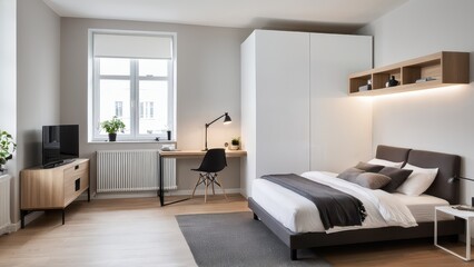 Fototapeta premium A modern bedroom with wooden elements features a cozy bed, sleek desk setup, built-in shelves, and natural light through large windows.