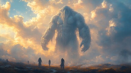Giants the Book of Enoch roam the ancient Earth towering over landscapes with a powerful presence dramatic lighting highlighting their mystery in a prehistoric world