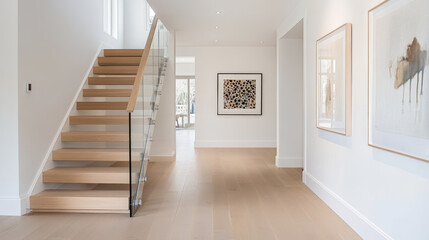 Modern staircase interior design with wooden steps and glass railing, featuring bright hallway adorned with artwork. space exudes elegance and simplicity, perfect for contemporary homes