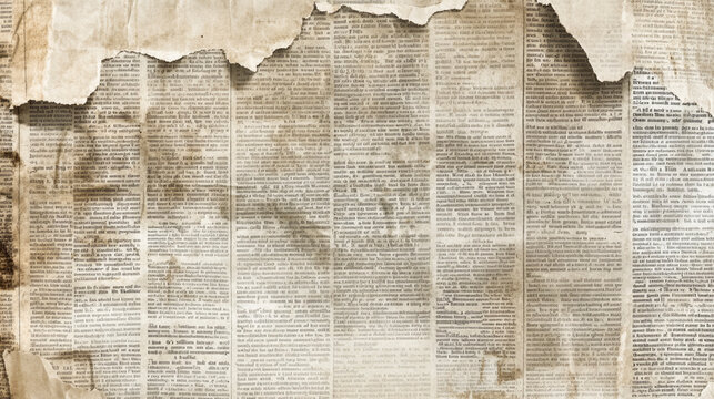 Antique newspaper texture with grunge details, faded and weathered with torn edges and worn creases, creating an old, nostalgic feel for backgrounds