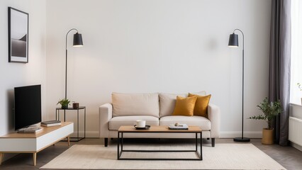 Modern living room with neutral tones, beige sofa, mustard pillows, coffee table, floor lamps, TV unit, plant, artwork, and natural light through window.