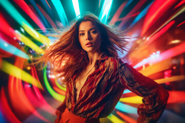 A woman poses against a backdrop of bright colorful light beams