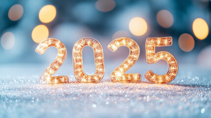 2025 illuminated with warm lights creates festive atmosphere, perfect for celebrating New Year. sparkling background enhances joyful spirit of upcoming year
