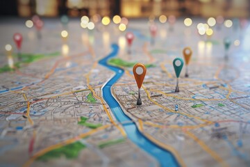 A vivid, detailed map with vibrant location pins marking the start and end points, illustrating efficient GPS navigation and route planning.