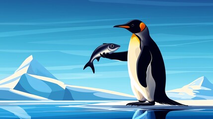 Fototapeta premium A vibrant illustration of a penguin holding a fish on a serene icy landscape.