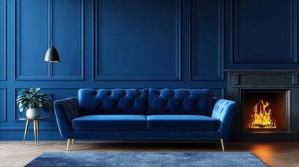 Obraz premium A blue couch sits in front of a fireplace