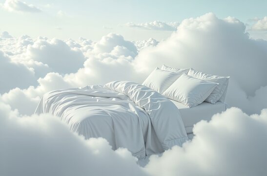 Bed with white bedding linens in white clouds as a concept for a serene and comfortable sleep