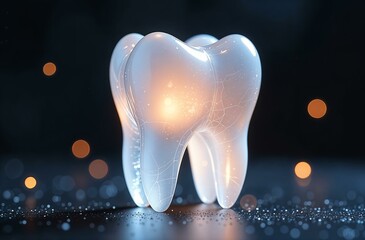 A glowing crystal-like tooth illuminated with warm light and surrounded by a futuristic, abstract digital background. The image symbolizes innovation in dentistry, advanced dental care, and the integr