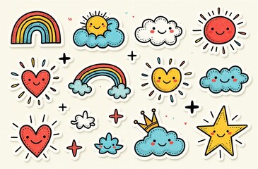 Set of hand-drawn children's weather stickers on a white background
