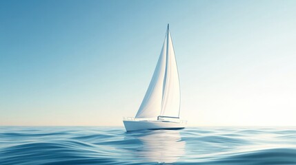 Obraz premium A sailboat moves gracefully across serene waters, surrounded by soft waves beneath a clear blue sky, creating a peaceful atmosphere. Generative AI