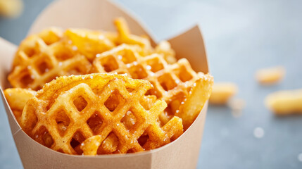 Crispy golden waffle fries served in paper container, showcasing their unique lattice shape and delicious texture. Perfect for snack or side dish!