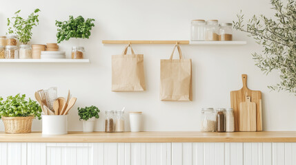A modern kitchen featuring wooden shelves with jars, plants, and utensils, creating fresh and organized atmosphere. light colors enhance inviting feel of space
