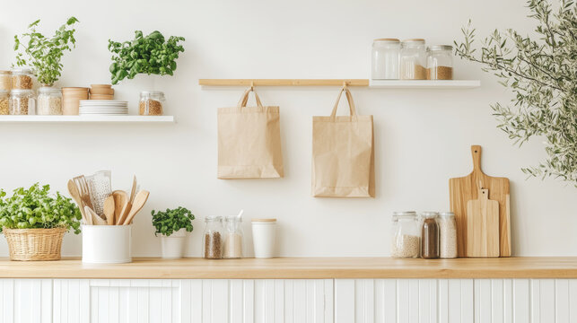 A modern kitchen featuring wooden shelves with jars, plants, and utensils, creating fresh and organized atmosphere. light colors enhance inviting feel of space