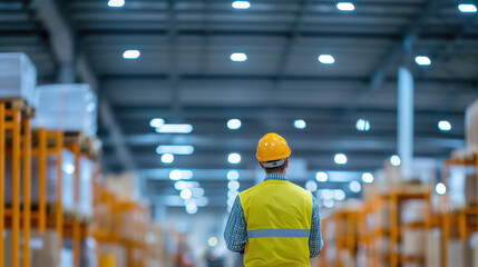 worker in high visibility vest and hard hat stands in large warehouse, surrounded by shelves filled with boxes. bright lighting and organized space suggest efficiency
