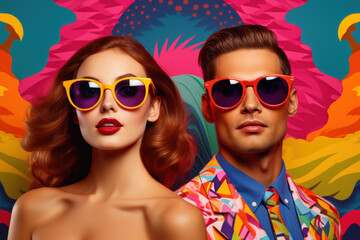 Pop art retro style young women and man wearing sunglasses