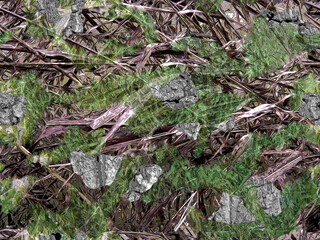 Camouflage seamless pattern. Grass, moss, bulrush and stones. Heavy posterized and blurry effect. Usable for hunting and military purposes.                   