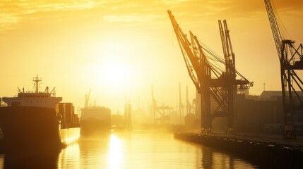 Obraz premium A contemporary port under the golden light of sunrise, cranes in action with ships docked along the quay, symbolizing the start of a busy day in global trade
