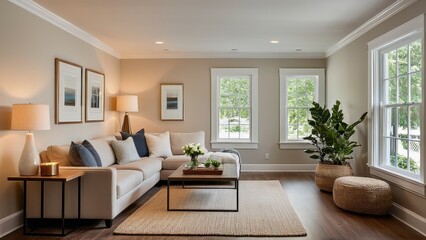 A modern living room with neutral tones features large windows, cozy sofas with pillows, a coffee table, indoor plants, stylish artwork, and wooden flooring.