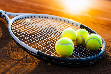 Tennis Racket and Balls on Clay Court at Sunset