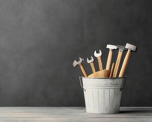 A bucket of tools including hammers, screwdrivers, and wrenches, ready for work