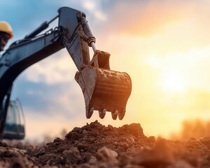 Construction worker operating a heavy excavator, large construction machinery, focus on tool
