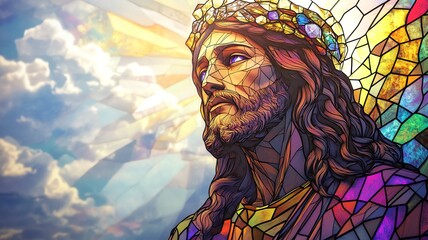 Obraz premium A religious and spiritual illustration of Jesus Christ the Lord in a mosaic, colorful, stained glass effcts, beams of light and clouds 