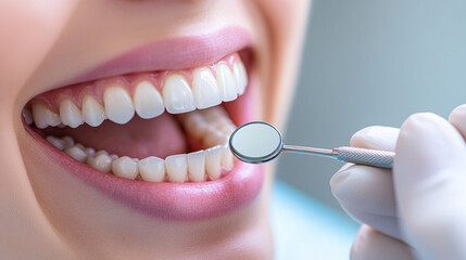 Fototapeta premium woman smiles confidently as a dentist cleans her teeth, showcasing the importance of dental hygiene and care. The scene reflects professionalism, health, and the beauty of a bright smile